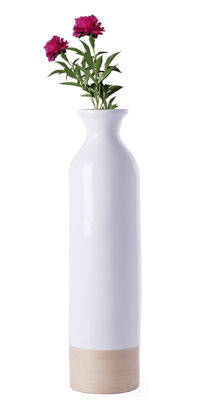 Elegant Black or White Cylinder Shaped Tall Spun Bamboo Floor Vases, Embellished with a Glossy Lacquer, and Enhanced with Natural Bamboo Finish - Stylish Home Decor, Heights of 31 and 23.5 Inches